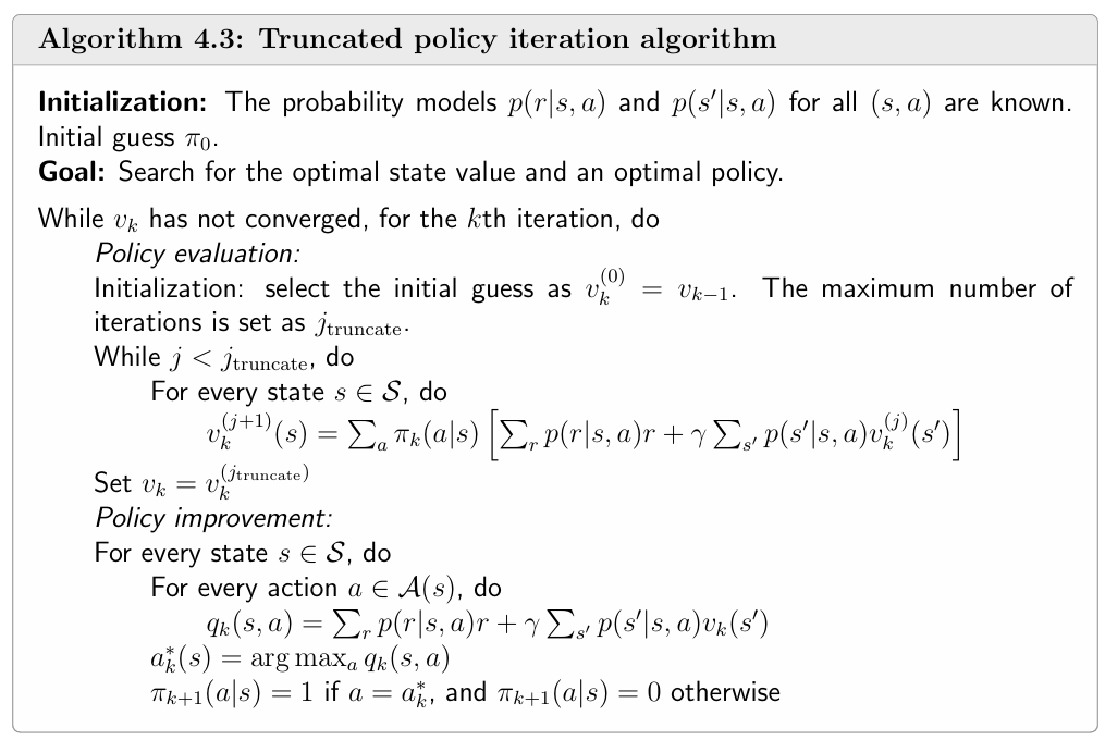 Algorithm 4.3: Truncated policy iteration algorithm.